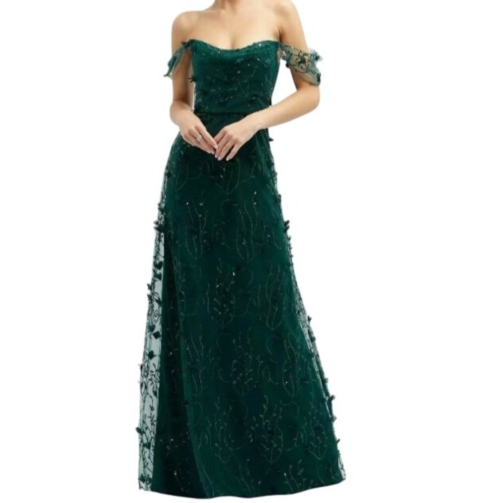 Dessy Collection Dark Emerald Off-the-Shoulder Maxi Gown